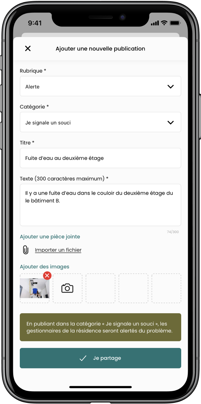 écran de téléphone présentatant la fonctionnalité "je signale un souci/sinistre" de l'application Kunagi Home
